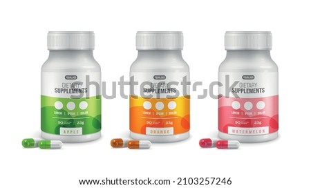 Medicine bottle packaging mockup blank realistic set isolated vector illustration Royalty-Free Stock Photo #2103257246