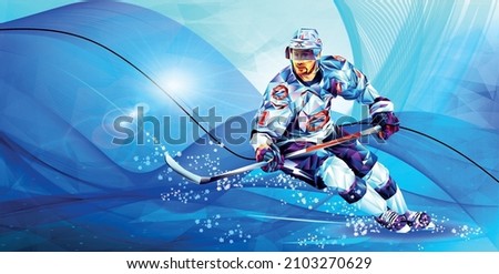 Vector illustration of a hockey player made from triangles.  Olympic games, Beijing, Beijing 2022, XXIV Olympic Winter Game Vector illustration of a hockey player made from triangles. Royalty-Free Stock Photo #2103270629