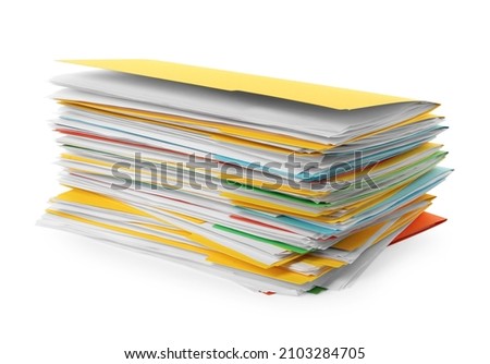 Stack of different files with documents on white background Royalty-Free Stock Photo #2103284705