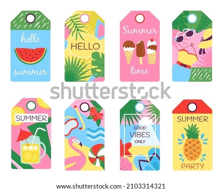 Summer tags. Tropical tag, scrapbook gift cards with fruits and beach elements. Fashion travelling banners, fun travel holidays decent vector design