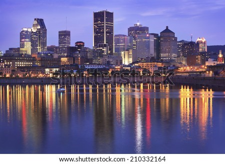 Montreal skyline at dusk, Saint Lawrence River 