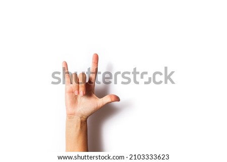 "I love you" in sign language with hands in white background with shadow