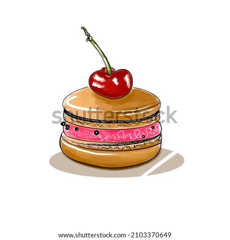 Art illustration of sweet cake with cherry on top, food illustration