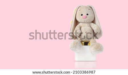 The toy rabbit sits on a jar of cream. Easter bunny.