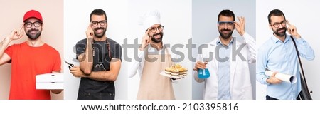Set of pizza delivery man, scientist, architect, chef and hairdresser with glasses and happy