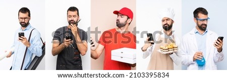 Set of pizza delivery man, scientist, architect, chef and hairdresser thinking and sending a message