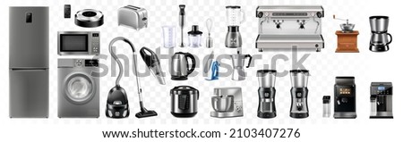 Vector realistic set of household and kitchen appliances isolated on white background. Microwave, refrigerator, washing-machine, toaster, multi-cooker, kettle, blender, robot vacuum cleaner, iron, cof Royalty-Free Stock Photo #2103407276