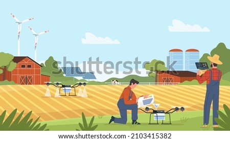 Farming with drone. Farm management from tablet, fields irrigation using drones, smart agriculture, alternative energy source, modern technology in countryside, vector isolated concept Royalty-Free Stock Photo #2103415382