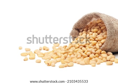 Siberian, Peeled pine nuts in burlap bag isolated on white background. Healthy nuts snacks. Clipping path, full depth of field. Closeup view. Royalty-Free Stock Photo #2103435533