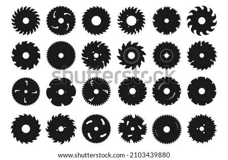 Circular saw blade icons. Silhouette of metal disc for woodwork. Round carpentry tool. Industrial rotary wheels. Construction equipment. Cutting instrument. Vector sawmill symbols set Royalty-Free Stock Photo #2103439880