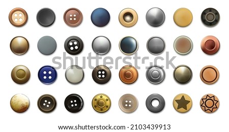Realistic cloth buttons. Metal antique bronze or silver sewing rivets and denim clothing vintage accessories. Top view of various garment retro fasteners. Vector textile decorations set Royalty-Free Stock Photo #2103439913