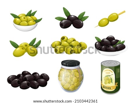Olive snacks. Heap of black olives on skewer and canned pickled olives in jar. Green olives with leaves on plate. Vector illustration. Royalty-Free Stock Photo #2103442361