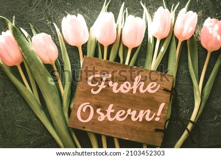 Decoration for Easter with rosa tulips and text in german Frohe Ostern means in english Happy Easter background is dark
