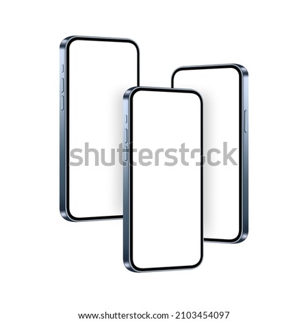 Smartphones Blue Mockups with Side View, Isolated on White Background. Vector Illustration