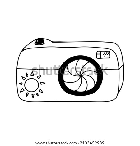 Photo camera. Vacation accessories. Vector illustration isolated on a white background.