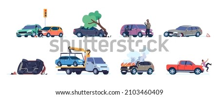 Car road accident. Different situations with wrecked vehicles. Evacuator picks up car. Automobile crashes and knocking pedestrian. Thieves steal auto. Vector transport