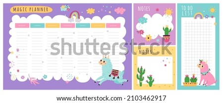 Cute llamas weekly planner. Kids schedule of classes. Notes and to do list. Memo pages with cactuses. Alpaca unicorn. Timetable design with animals. Organizer sheets Royalty-Free Stock Photo #2103462917