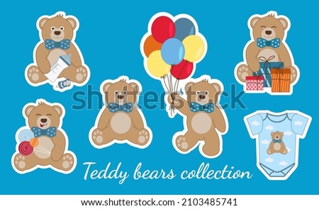 Teddy bears stickers. Cute teddy bear set. Set of adorable teddy bears in different actions. Flat vector for greeting cards