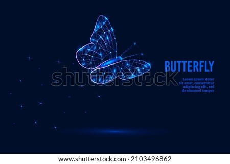 A futuristic concept of an eco-friendly idea with a glowing low polygonal butterfly on a dark blue background.  Royalty-Free Stock Photo #2103496862