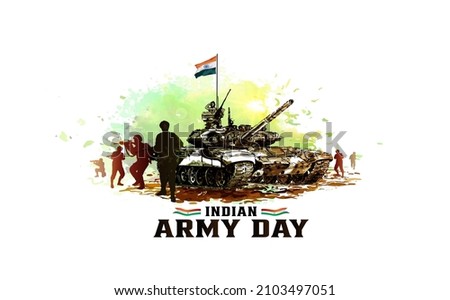 Vector illustration of Indian army day. Soldiers on fighter tank with tricolor flag and saluting celebrating victory. Royalty-Free Stock Photo #2103497051