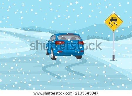 Safety car driving at winter season. Blue suv car is reaching the icy road. Slippery, wet roadway warning sign. Flat vector illustration template. Royalty-Free Stock Photo #2103543047