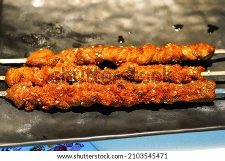Close-up of three delicious kebabs
