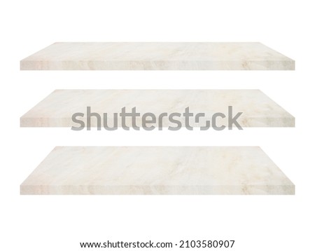 three light brown, beige color, marble shelf isolated on white background with clipping path for interior and display show products. studio room, exhibition