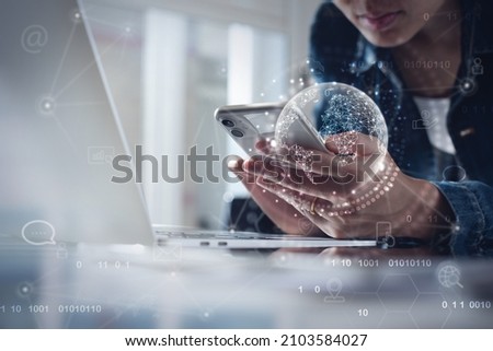 Global internet network connection technology, IoT, Internet of Things concept. Business woman using mobile phone and laptop computer with global network and technology icons on virtual screen Royalty-Free Stock Photo #2103584027