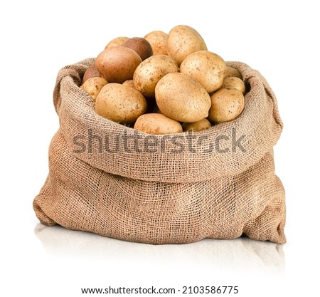 potato in burlap sack on white isolated background Royalty-Free Stock Photo #2103586775