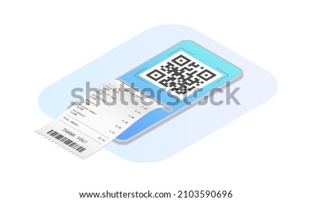 Qr code pay. 3d, isometric Mobile phone with receipt or bill. Qrcode scan by smartphone. Online payment concept. Vector illustration.