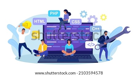 Developing programming and coding technologies and engineering development. Programmer or developer create code. Laptop screen with codes. Developer work with task, coding software using pc Royalty-Free Stock Photo #2103594578