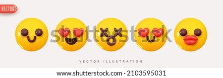 Set Icon Smile Emoji. Realistic Yellow Glossy 3d Emotions Happy face, love eyes from hearts. Vector illustration Royalty-Free Stock Photo #2103595031