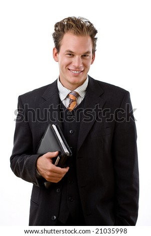 Portrait of happy smiling businessman, white background.