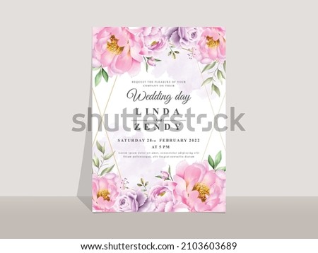 Wedding invitation card template with elegant flowers and leaves watercolor