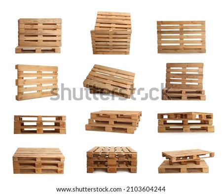 Set with wooden pallets on white background