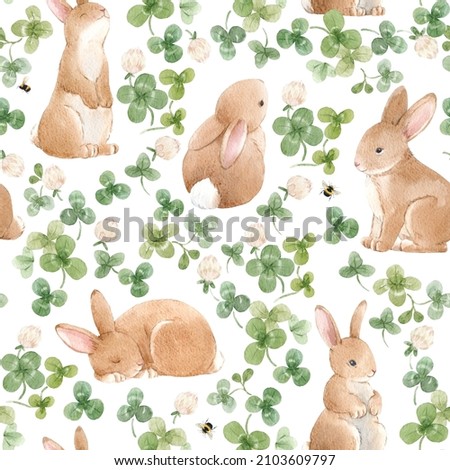 Beautiful seamless pattern with cute watercolor hand drawn baby rabbits with clover . Stock illustration.