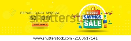 Happy Republic Day of India sale banner and logotype. 50% off on Shopping. Vector illustration Royalty-Free Stock Photo #2103617141