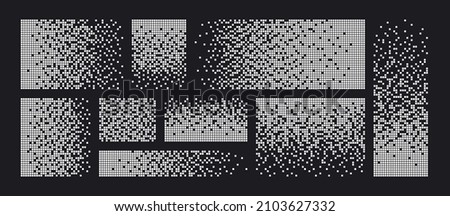 Pixel disintegration background. Decay effect. Dispersed dotted pattern. Concept of disintegration. Set pixel mosaic textures with simple square particles. Vector illustration on black background. Royalty-Free Stock Photo #2103627332