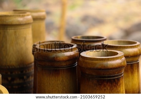 Close up shot of bamboo cup. Bamboo art craft
