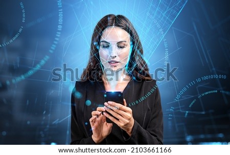 Businesswoman typing in phone, biometric verification and face detection, binary and digital hologram. Using smartphone with facial scanner. Concept of face id and high tech technology Royalty-Free Stock Photo #2103661166