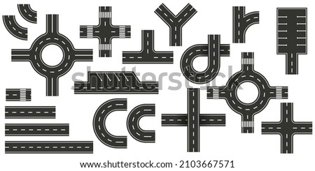 Top view Road elements. Set of Design Element for city map. Street with footpath and crossroad set. Road seamless constructor. Highway asphalt path traffic street. Street junction and road object Royalty-Free Stock Photo #2103667571