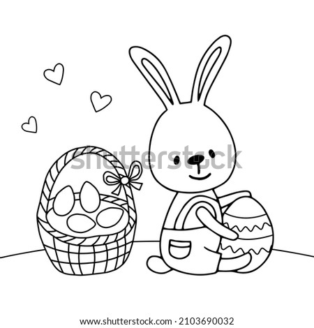 Coloring page Easter bunny and basket. Outline drawing. Vector illustration.