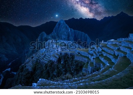 Milky Way over Machu Picchu at night - lost city of Incan Empire, Peru Royalty-Free Stock Photo #2103698015