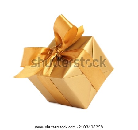 Gift box with golden ribbon and bow on white background Royalty-Free Stock Photo #2103698258