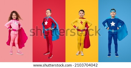 Collage of full body preteen kids wearing colorful superhero costumes standing with hands on waist and looking at camera with confidence Royalty-Free Stock Photo #2103704042