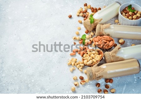 Set of vegan lactose-free nut milk in bottles on a stone background. healthy food. Free space for text. Royalty-Free Stock Photo #2103709754