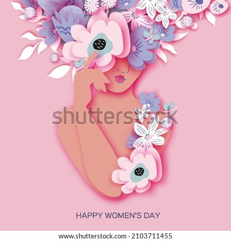 Beautiful female face. Floral vase woman. Flower bouquet. Happy Women's day. Happy Mother's Day. Venera, Venus female concept paper cut style. Bodypositive. 8 March. Pink. White. Very peri Royalty-Free Stock Photo #2103711455