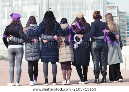 Women's rights : Multiracial group of women only on violence protest Royalty-Free Stock Photo #2103713153