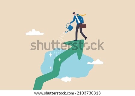 Grow business increase profit, growth investment or prosperity, wealth growing or accumulate, asset price rising up concept, happy businessman pouring water with care to grow company growth arrow. Royalty-Free Stock Photo #2103730313