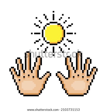 Two hands with shining sun, pixel art illustration isolated on white background. Concept of giving love and sharing kindness. Magic trick. Witchcraft symbol. 8 bit print. Hot summer weather forecast.